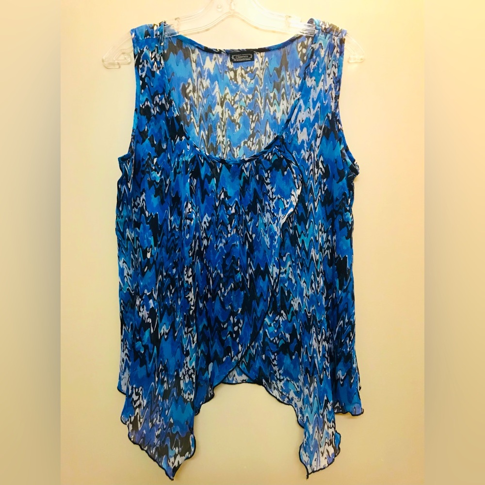 🚨💎 Clientele Sheer Blue Front Asymmetrical Ruffled Top
